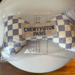 ChewyVuiton Paris Checkered Bone Plush Dog Toy - Cream & Navy